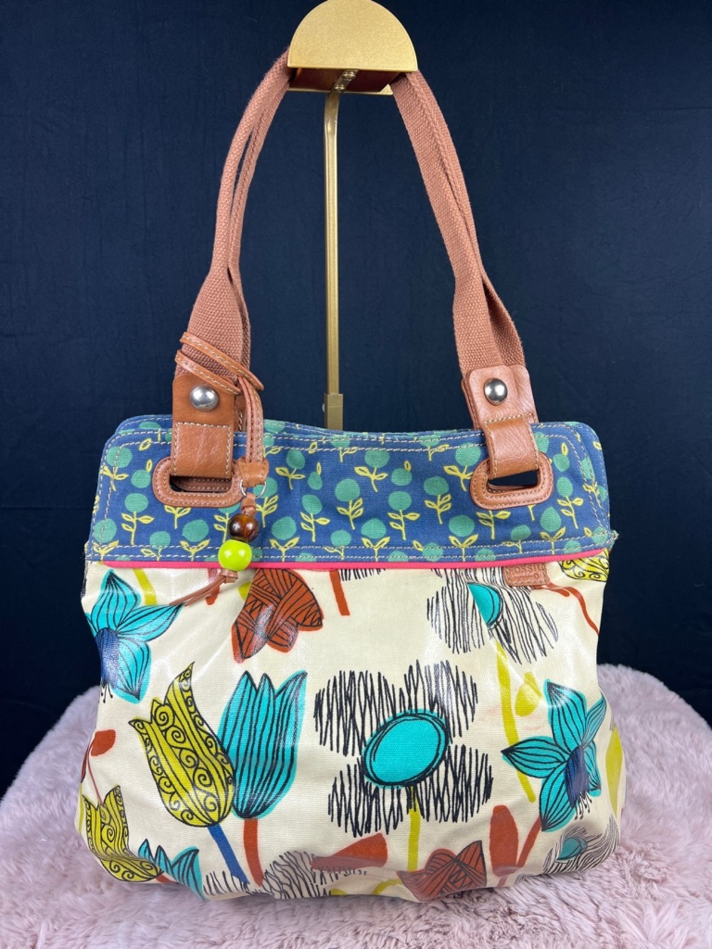 Fossil Key-Per Retro Floral Coated Canvas Shopper Tote - GUC - Bright Multi
